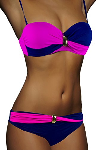 ALZORA Push Up Bandeau Twist Bikini Set Damen Pushup Badeanzug inkl. Träger viele Farben und Größen Top + Hose Set, 8000 (L, Dunkelblau-Pink) von ALZORA