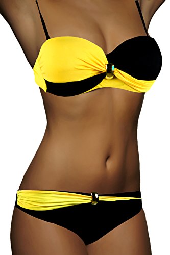 ALZORA Push Up Bandeau Twist Bikini Set Damen Pushup Badeanzug inkl. Träger viele Farben und Größen Top + Hose Set, 8000 (M, Gelb-Schwarz) von ALZORA