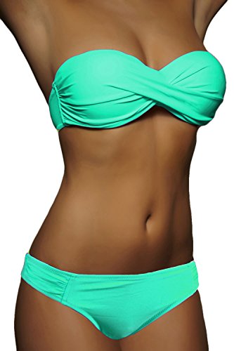 ALZORA Push Up Bandeau Twist Bikini Set Damen Pushup Badeanzug viele Bunte Farben und Größen Top + Hose Set, 50001 (XS, A27) von ALZORA