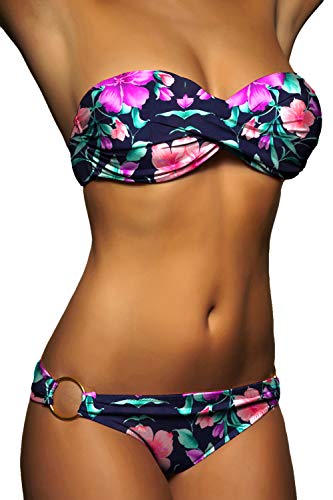 ALZORA Push Up Bandeau Twist Bikini Set Damen Pushup Badeanzug viele Bunte Farben und Größen Top + Hose Set, 50002 (M, F3) von ALZORA