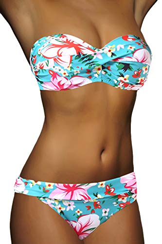 ALZORA Push Up Bandeau Twist Bikini Set Damen Pushup Badeanzug viele Bunte Farben und Größen Top + Hose Set, 50002 (XS, F8) von ALZORA