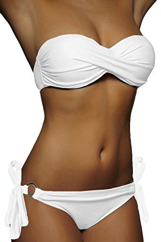 ALZORA Push Up Bandeau Twist Bikini Set Damen Pushup Badeanzug viele Farben und Größen, 10446 (L, ZZ01-Weiss Bänder) von ALZORA