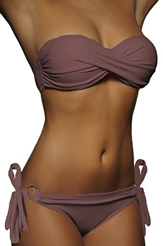 ALZORA Push Up Bandeau Twist Bikini Set Damen Pushup Badeanzug viele Farben und Größen, 10446 (L, ZZ05-Braun Bänder) von ALZORA