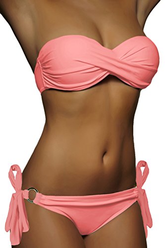 ALZORA Push Up Bandeau Twist Bikini Set Damen Pushup Badeanzug viele Farben und Größen, 10446 (L, ZZ09-Hellrosa Bänder) von ALZORA