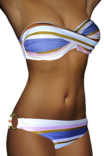 ALZORA Push Up Bandeau Twist Bikini Set Damen Pushup Badeanzug viele Farben und Größen, 10446 (S, Bunte Streifen) von ALZORA