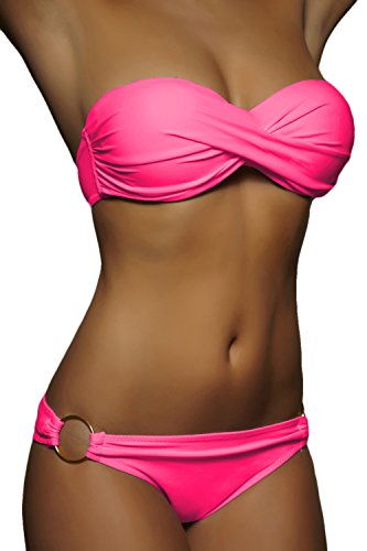 ALZORA Push Up Bandeau Twist Bikini Set Damen Pushup Badeanzug viele Farben und Größen, 10446 (S, Neonpink) von ALZORA