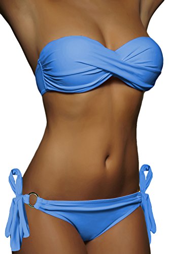 ALZORA Push Up Bandeau Twist Bikini Set Damen Pushup Badeanzug viele Farben und Größen, 10446 (XS, ZZ10-Blau Bänder) von ALZORA