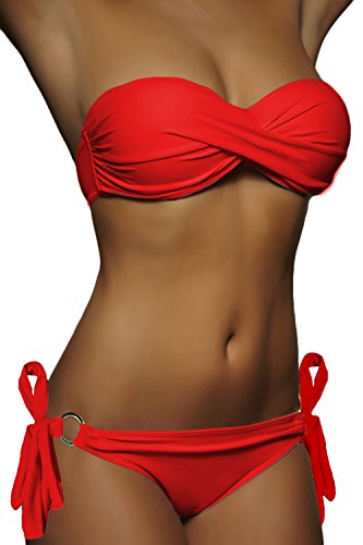 ALZORA Push Up Front Twist Bikini Rot Bänder Bandeau Top Set Damen Pushup Badeanzug, 20020 (L) von ALZORA