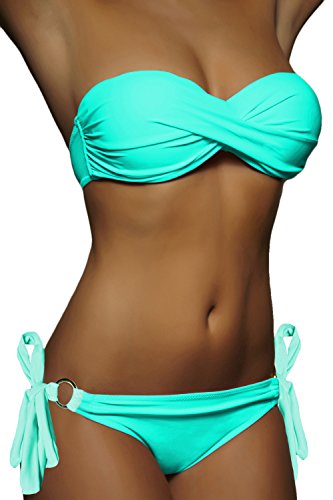 ALZORA Push Up Front Twist Bikini Türkis Bänder Bandeau Top Set Damen Pushup Badeanzug, 20020 (XS) von ALZORA