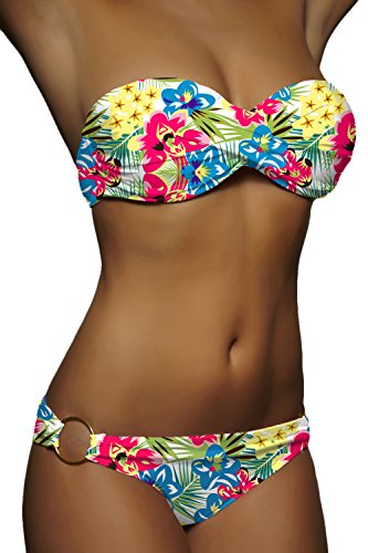 ALZORA Push Up Front Twist Bikini Weiß Bunt Blumen Weiss Blümchen Bandeau Top Set Damen Pushup Badeanzug, 20015 (L) von ALZORA