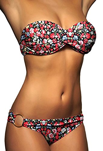 ALZORA Push Up Front Twist Bikini in SCHWARZ ROT BALU Blumen Bandeau Top Set Damen Pushup Badeanzug, 20086 (M) von ALZORA