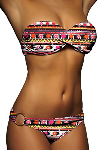 ALZORA Push Up Front Twist Bikini in Schwarz Weiß Koralle Muster Bandeau Top Set Damen Pushup Badeanzug, 20091 (S) von ALZORA