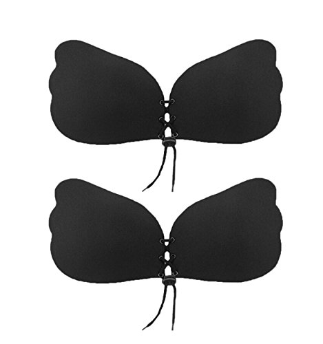 ALZORA Push Up Klebe BH mit Tunnelzug selbstklebend einzeln oder 2-er Set trägerlos Farbwahl, F830 (B Cup, Z-2er Set Schwarz) von ALZORA