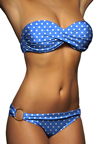 ALZORA Push Up Twist Bandeau Bikini Set Damen Pushup Badeanzug Blau Weiss Punkte, 10475 (L) von ALZORA