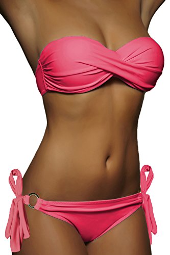 ALZORA Push Up Twist Bandeau Bikini Set Damen Pushup Badeanzug VIELE Muster, 20005 (L, Koralle Bänder) von ALZORA