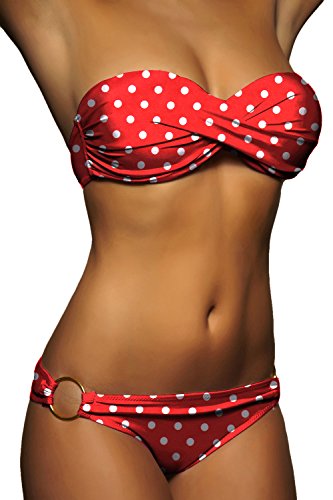 ALZORA Push Up Twist Bandeau Bikini Set Damen Pushup Badeanzug VIELE Muster, 20005 (L, Rot Weiss Punkte) von ALZORA