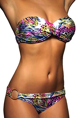 ALZORA Twist Push Up Bandeau Bikini Set Bunt Leopard Leo Blumen Damen Pushup Badeanzug 2019014 (XS) von ALZORA