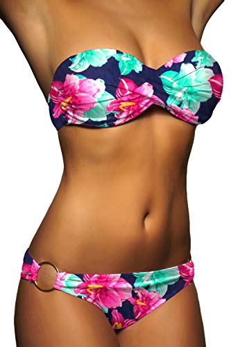 ALZORA Twist Push Up Bandeau Bikini Set Dunkel Blau Pink Mint Blumen Damen Pushup Badeanzug 2019001 (L) von ALZORA