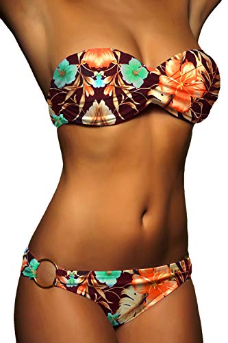 ALZORA Twist Push Up Bandeau Bikini Set Dunkel Braun Türkis Orange Blumen Damen Pushup Badeanzug 2019001 (M) von ALZORA