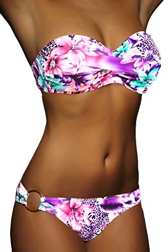 ALZORA Twist Push Up Bandeau Bikini Set Dunkel Lila Leopard Leo Rosa Türkis Blumen Damen Pushup Badeanzug 2019006 (S) von ALZORA