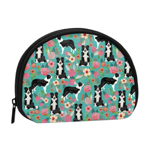 Border-Collie-Hund im Vintage-Stil mit Blumenmuster, Brieftasche Shell Make-up Tasche Frauen Aufbewahrungstasche Kleine Geldbörse Shell Wechseltasche von ALZVULG