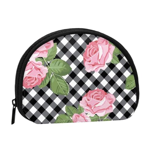 Drucken Sie Rosen auf schwarz-weißem Plaid, Brieftasche Shell Make-up Tasche Frauen Aufbewahrungstasche Kleine Geldbörse Shell Wechseltasche von ALZVULG