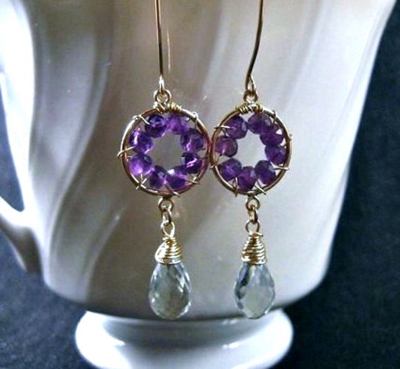 Nadelrad Design-Ohrringe, Lila & Grün Gefüllt, Amethyst, Gold, Draht Gewickelt von AListDesigns