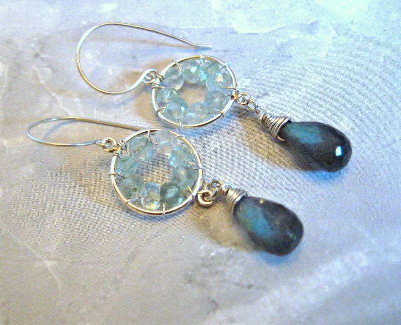 Windrad Design - Silber Ohrringe, Labradorit, Aquamarin, Wire Wrapped Windrad Design - Silber Ohrringe, Labradorit, Aquamarin, Wire Wrapped von AListDesigns