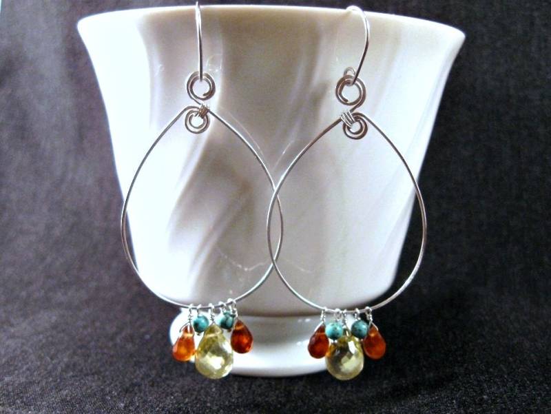 Tränenblech Hoop Ohrringe - Silber, Türkis, Gelb Quarz, Granat Hessonit, Gehämmert, Draht, Draht Gewickelt von AListDesigns