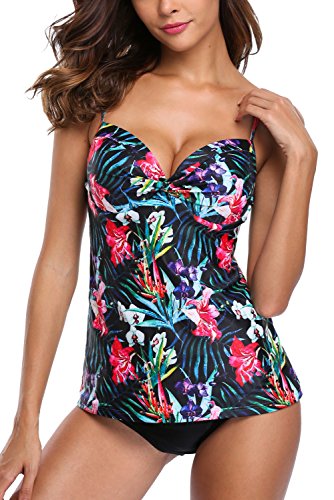 ALove Damen Tankini Set Blumen Print Mit Bügel Tankini Figurumspielend Tankini Push Up- Gr. 42-44 (XL), Blätte - Dunkblau von ALove