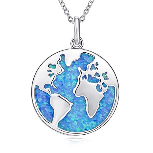 AM ANNIS MUNN Globe Kette mit Teller Halskette für Damen 925 Sterling Silber Opal Halskette Damen Kette Silber Damen Schmuck mit Welt Anhänger Geschenke für Freundin Damen Mama von AM ANNIS MUNN