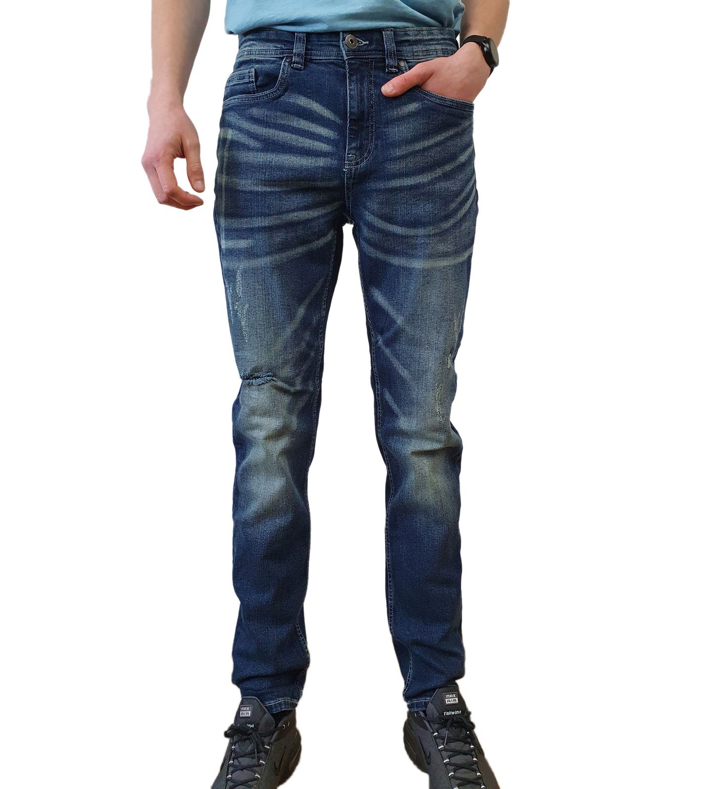 AM Legend AMLane Herren Straight-Fit Jeans Dark Blue Washed Denim-Hose Mid Rise Baumwoll-Hose im Destroyed-Look AM237006 Blau von AM Legend