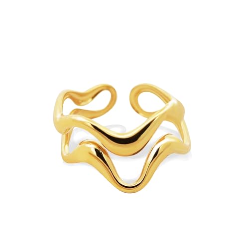 AM RINO MILANO Unisex Edelstahl Welle Ring Hypoallergen Offenes Design Silber, Regolabile, Edelstahl vergoldet mit 18 Karat Gold von AM RINO MILANO