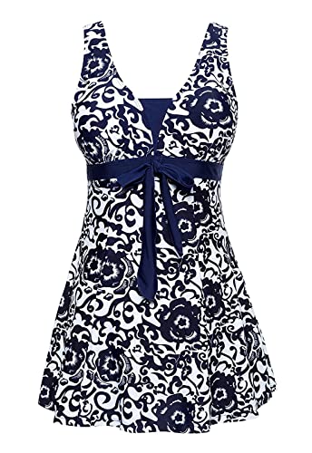 AMAGGIGO Damen Neckholder Push up BadekleidFigurformender Bunt Badeanzug mit Röckchen Bauchweg Einteiliger Badekleid（1dark Blue，Größe 38 (M)） von AMAGGIGO