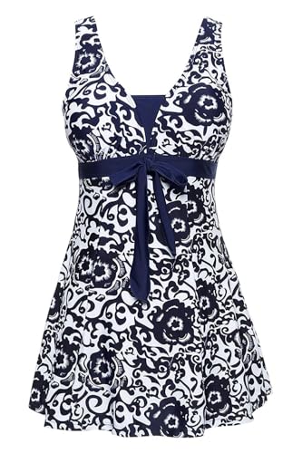 AMAGGIGO Damen Neckholder Push up BadekleidFigurformender Bunt Badeanzug mit Röckchen Bauchweg Einteiliger Badekleid（1dark Blue，Größe 50 (5XL)） von AMAGGIGO