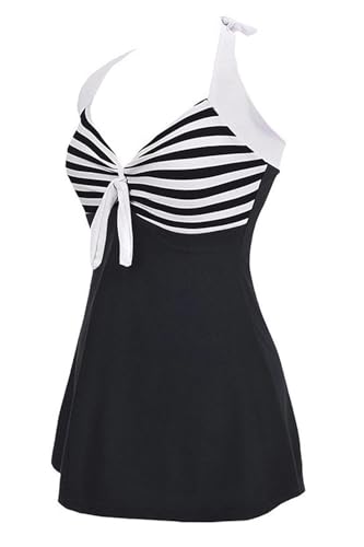 AMAGGIGO Damen Neckholder Push up BadekleidFigurformender Bunt Badeanzug mit Röckchen Bauchweg Einteiliger Badekleid（2black Strip，Größe 42 (2XL)） von AMAGGIGO