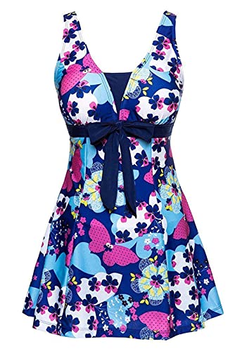 AMAGGIGO Damen Neckholder Push up BadekleidFigurformender Bunt Badeanzug mit Röckchen Bauchweg Einteiliger Badekleid（3blue Butterfly，Größe 42 (XL)） von AMAGGIGO