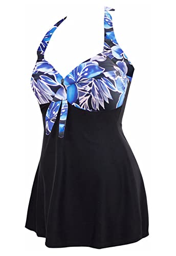 AMAGGIGO Damen Neckholder Push up BadekleidFigurformender Bunt Badeanzug mit Röckchen Bauchweg Einteiliger Badekleid（3blue Flower，Größe 40 (XL)） von AMAGGIGO