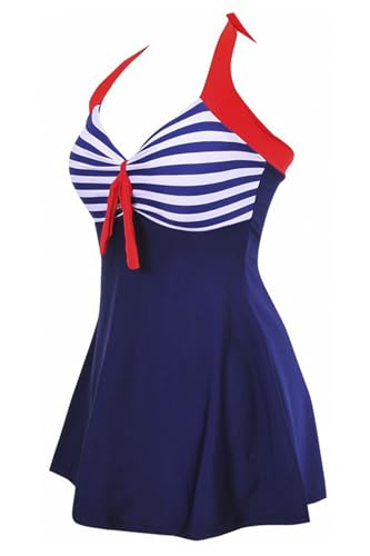 AMAGGIGO Damen Neckholder Push up BadekleidFigurformender Bunt Badeanzug mit Röckchen Bauchweg Einteiliger Badekleid（3blue Strip，Größe 40 (XL)） von AMAGGIGO