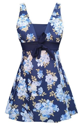 AMAGGIGO Damen Neckholder Push up BadekleidFigurformender Bunt Badeanzug mit Röckchen Bauchweg Einteiliger Badekleid（4Blue Rose，Größe 40 (L)） von AMAGGIGO