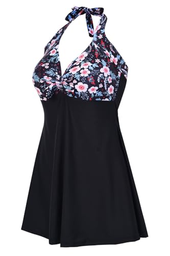 AMAGGIGO Damen Neckholder Push up BadekleidFigurformender Bunt Badeanzug mit Röckchen Bauchweg Einteiliger Badekleid（4flower，Größe 46 (4XL)） von AMAGGIGO