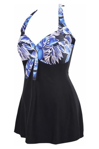 AMAGGIGO Damen Neckholder Push up BadekleidFigurformender Bunt Badeanzug mit Röckchen Bauchweg Einteiliger Badekleid（5blue Flower，Größe 44 (3XL)） von AMAGGIGO