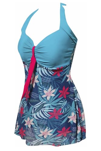 AMAGGIGO Damen Neckholder Push up BadekleidFigurformender Bunt Badeanzug mit Röckchen Bauchweg Einteiliger Badekleid（9blue rleaf，Größe 48 (5XL)） von AMAGGIGO