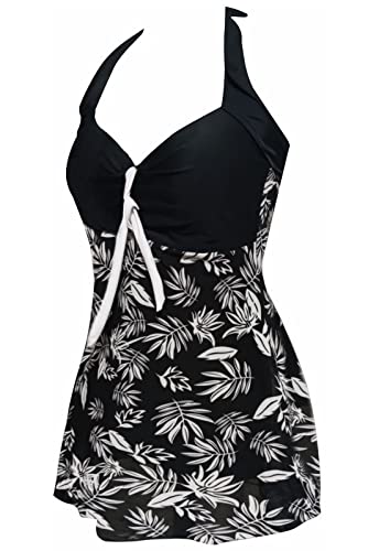 AMAGGIGO Damen Neckholder Push up BadekleidFigurformender Bunt Badeanzug mit Röckchen Bauchweg Einteiliger Badekleid（Black Leaf，Größe 42 (2XL)） von AMAGGIGO