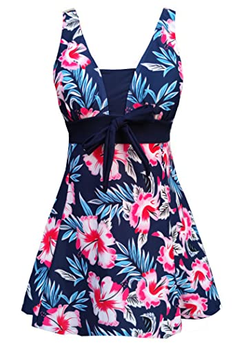 AMAGGIGO Damen Neckholder Push up BadekleidFigurformender Bunt Badeanzug mit Röckchen Bauchweg Einteiliger Badekleid（Blue Rflower，Größe 46 (3XL)） von AMAGGIGO