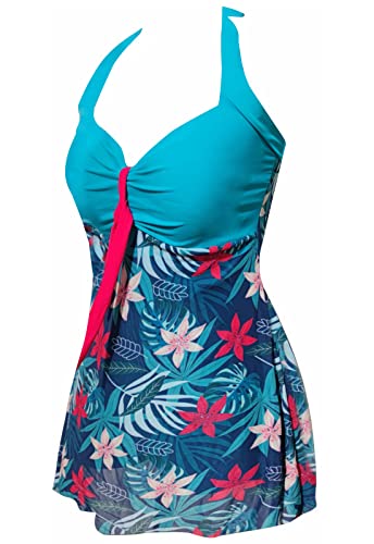 AMAGGIGO Damen Neckholder Push up BadekleidFigurformender Bunt Badeanzug mit Röckchen Bauchweg Einteiliger Badekleid（Blue Rleaf，Größe 40 (XL)） von AMAGGIGO