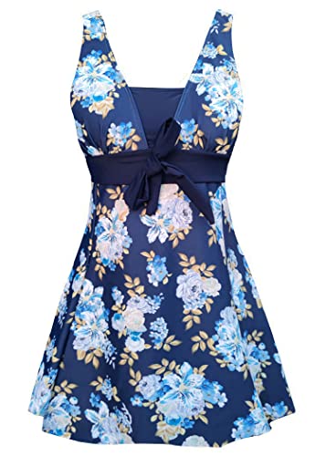 AMAGGIGO Damen Neckholder Push up BadekleidFigurformender Bunt Badeanzug mit Röckchen Bauchweg Einteiliger Badekleid（Blue Rose，Größe 44 (2XL)） von AMAGGIGO