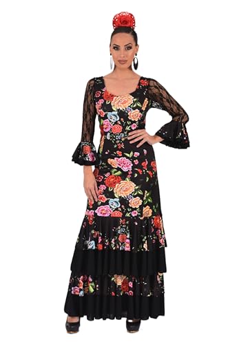 Flamenco-Kleid für Damen mit Rüschen, Messe- oder Sevillana-Kostüm mit Spitzenärmeln und Blumendruck, Schwarz mehrfarbig, Small von AMARU SANCHESU