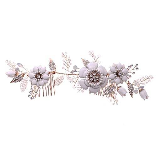 Blumen-Hochzeits-Haarkamm, Haarspangen für die Braut, wunderschöne goldfarbene doppelseitige Haarkämme, Tiaras, Strass-Stück, elegante Brautbänder, Damen-Hochzeits-Haarschmuck, Abschlussball, weiße von AMAXRcsy