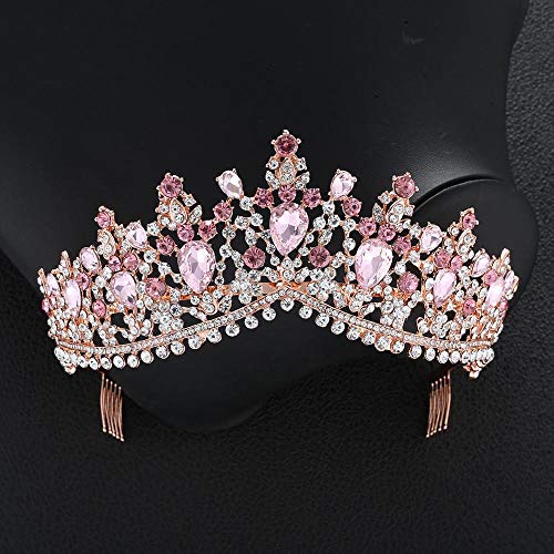 Diamant-Tiara, barockes Roségold, rosa Kristall, Braut-Tiara, Krone mit Kamm, Festzug, Strass-Schleier, Tiara-Band, Hochzeit, Haarschmuck von AMAXRcsy